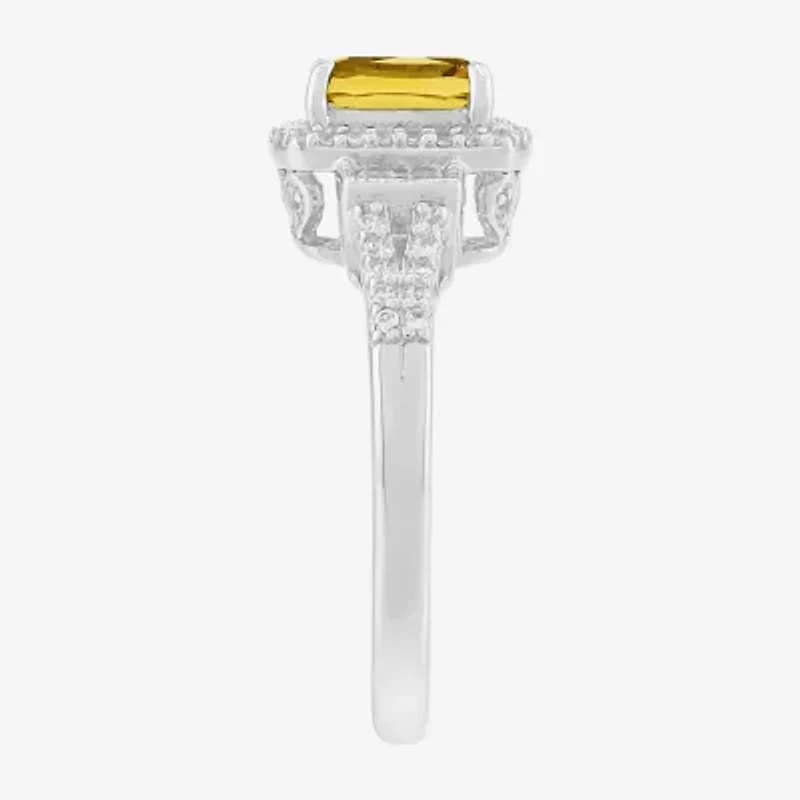 Limited Quantities! Womens Genuine Yellow Citrine Sterling Silver Halo Side Stone Cocktail Ring