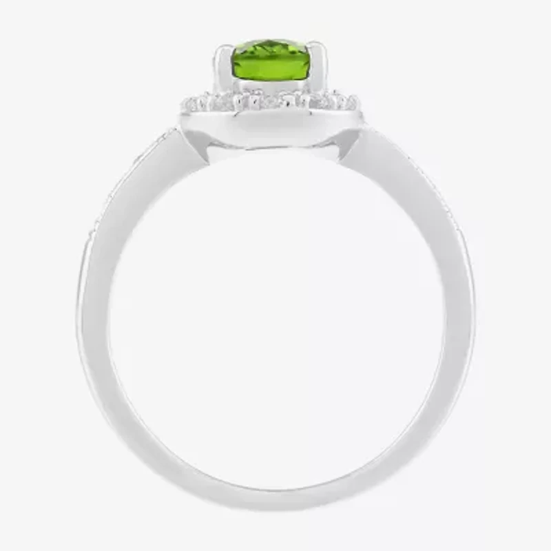 Limited Quantities! Womens Genuine Green Peridot Sterling Silver Halo Side Stone Cocktail Ring