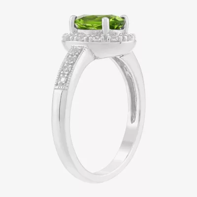 Limited Quantities! Womens Genuine Green Peridot Sterling Silver Halo Side Stone Cocktail Ring