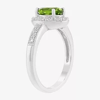Limited Quantities! Womens Genuine Green Peridot Sterling Silver Halo Side Stone Cocktail Ring