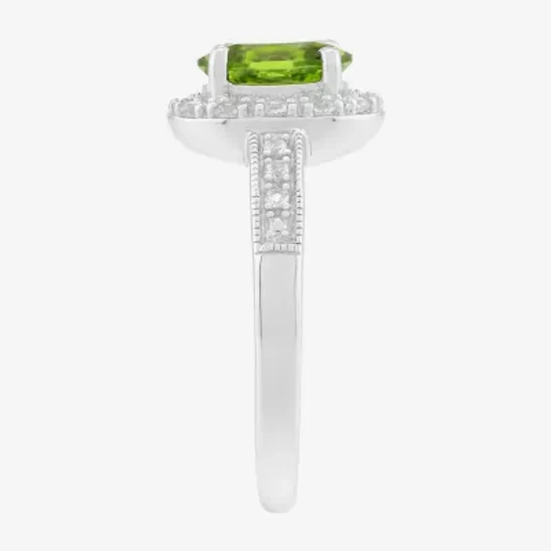 Limited Quantities! Womens Genuine Green Peridot Sterling Silver Halo Side Stone Cocktail Ring
