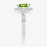 Limited Quantities! Womens Genuine Green Peridot Sterling Silver Halo Side Stone Cocktail Ring