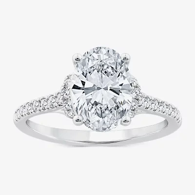 F / Vs2) Womens /2 CT. T.W. Lab Grown White Diamond 10K Gold Oval Side Stone Engagement Ring