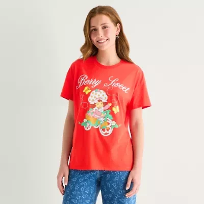 Womens Juniors Crew Neck Short Sleeve Oversized Strawberry Shortcake Graphic T-Shirt