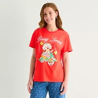 Womens Juniors Crew Neck Short Sleeve Oversized Strawberry Shortcake Graphic T-Shirt