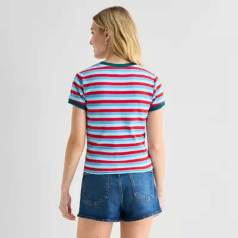 Womens Juniors Crew Neck Short Sleeve Fitted Tom and Jerry Graphic T-Shirt