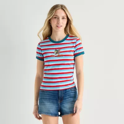 Womens Juniors Crew Neck Short Sleeve Fitted Tom and Jerry Graphic T-Shirt