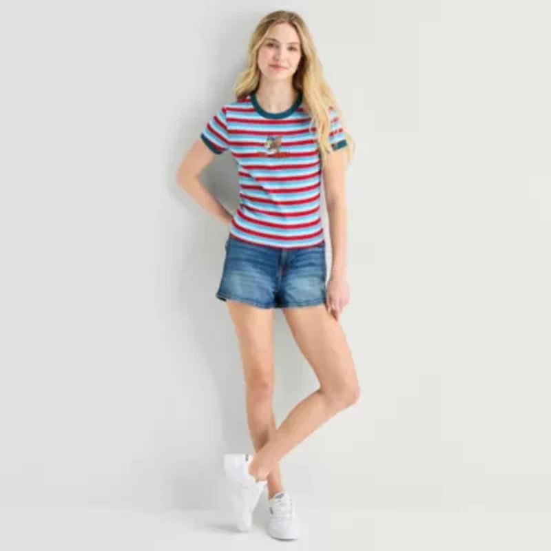 Womens Juniors Crew Neck Short Sleeve Fitted Tom and Jerry Graphic T-Shirt