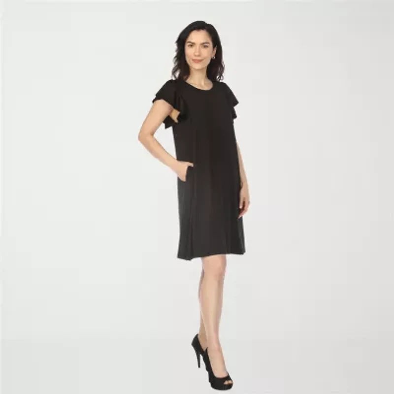 White Mark Crew Neck Ruffle Sleeve Womens Short Shift Dress