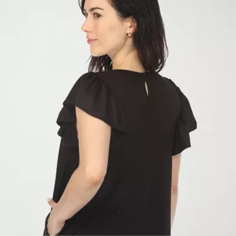 White Mark Crew Neck Ruffle Sleeve Womens Short Shift Dress