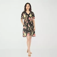 White Mark V-Neck Tropical Flower Womens Short Sleeve Floral A-Line Dress
