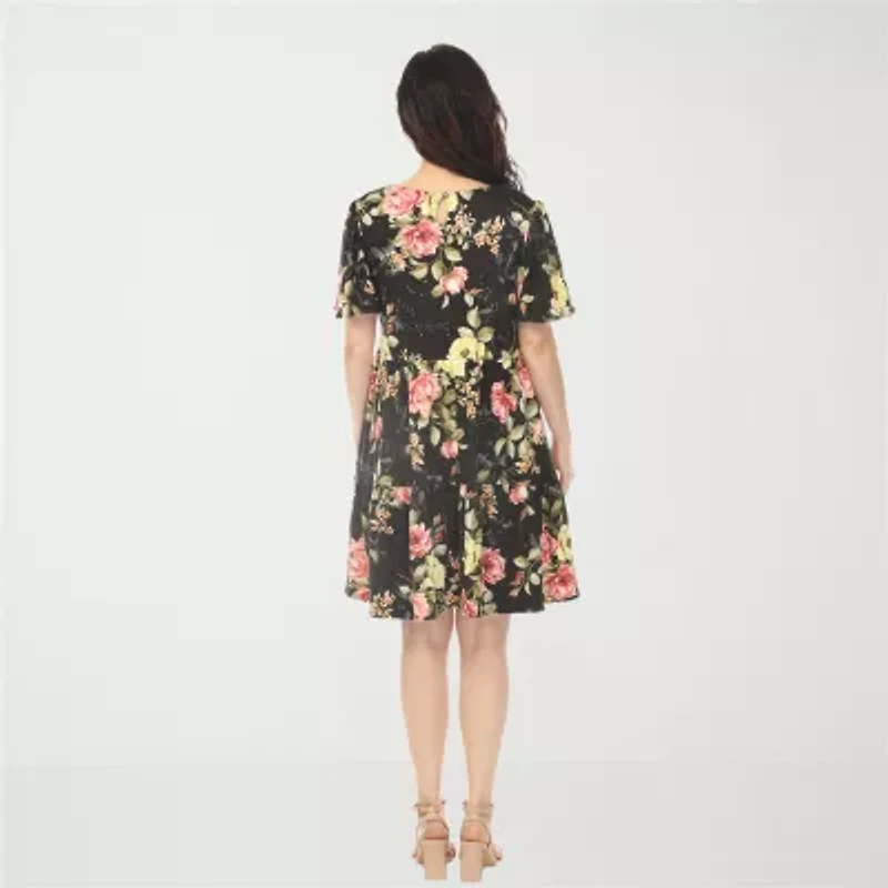 White Mark V-Neck Tropical Flower Womens Short Sleeve Floral A-Line Dress