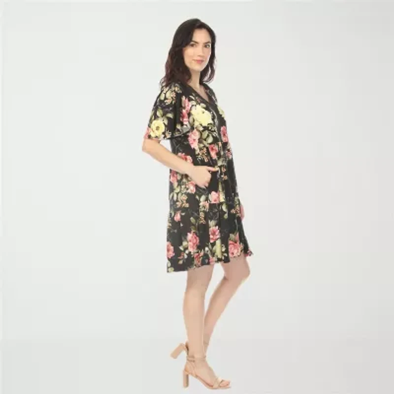 White Mark V-Neck Tropical Flower Womens Short Sleeve Floral A-Line Dress