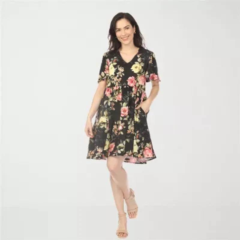 White Mark V-Neck Tropical Flower Womens Short Sleeve Floral A-Line Dress