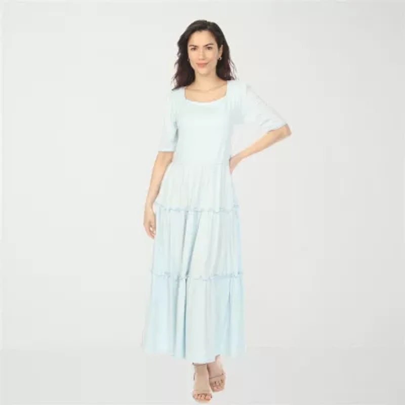 White Mark Square Neck Short Sleeve Tiered Womens Elbow Maxi Dress