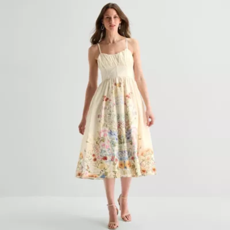 Melonie T Womens Midi Sweetheart Neck Sleeveless Floral Fit + Flare Dress
