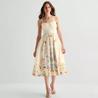 Melonie T Womens Midi Sweetheart Neck Sleeveless Floral Fit + Flare Dress