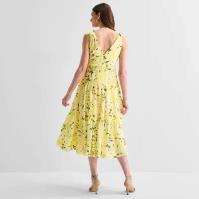 Melonie T Womens Midi V Neck Sleeveless Floral Fit + Flare Dress