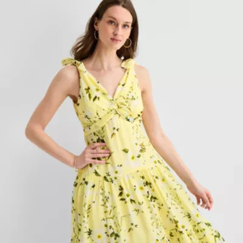 Melonie T Womens Midi V Neck Sleeveless Floral Fit + Flare Dress