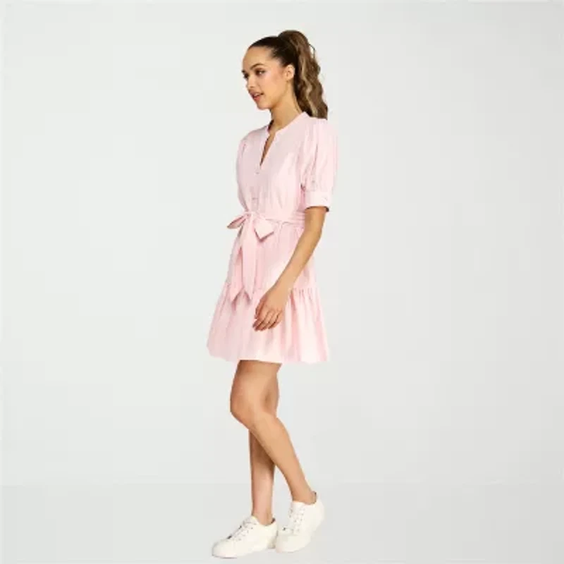 belle vie Womens Elbow Sleeve Striped Shirt Dress