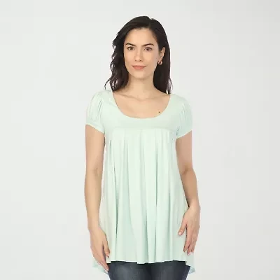 White Mark Cap Sleeve Pleated Womens Crew Neck Short Tunic Top