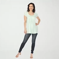 White Mark Cap Sleeve Pleated Womens Crew Neck Short Tunic Top