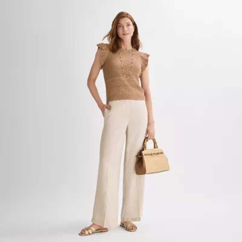 Liz Claiborne Linen Womens Wide Leg Mid Rise Pull-On Pant
