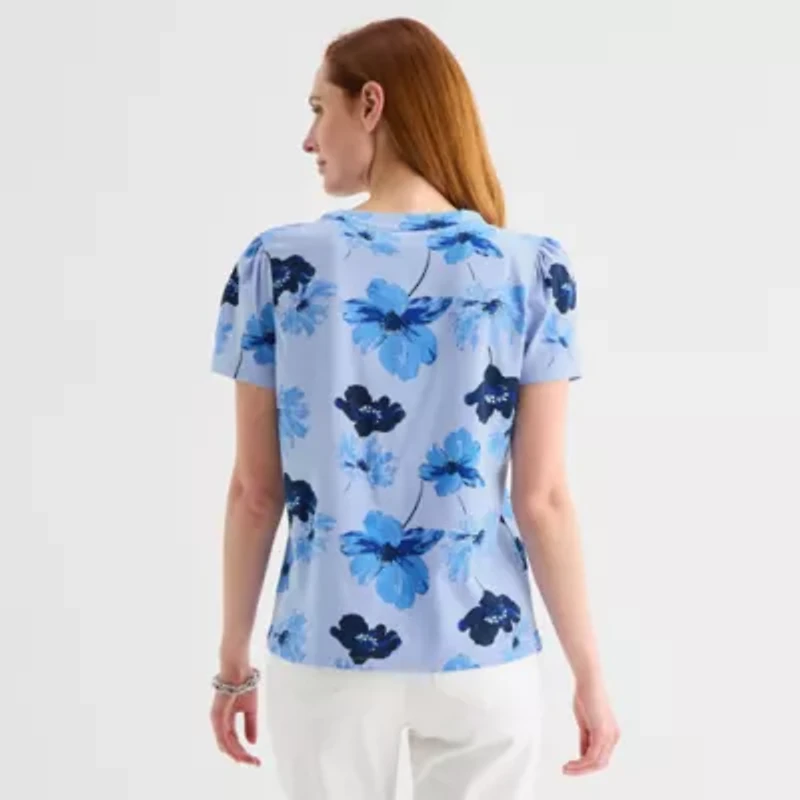 Liz Claiborne Womens Split Crew Neck Short Sleeve Blouse