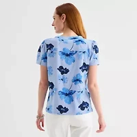 Liz Claiborne Womens Split Crew Neck Short Sleeve Blouse
