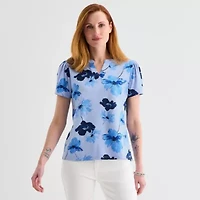 Liz Claiborne Womens Split Crew Neck Short Sleeve Blouse
