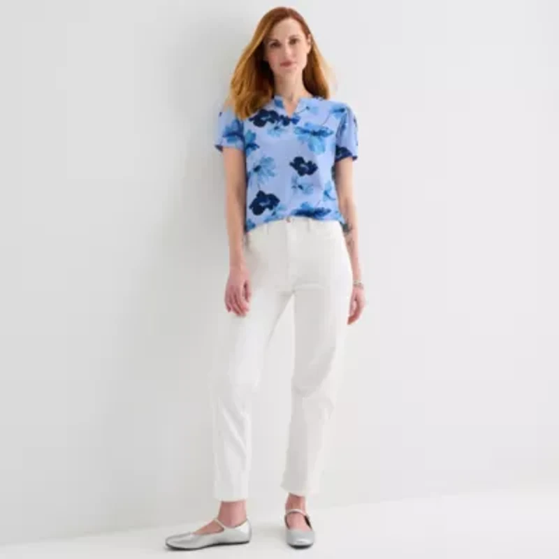 Liz Claiborne Womens Split Crew Neck Short Sleeve Blouse
