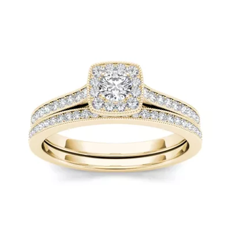 1/2 CT. T.W. Diamond 10K Yellow Gold Halo Bridal Ring Set