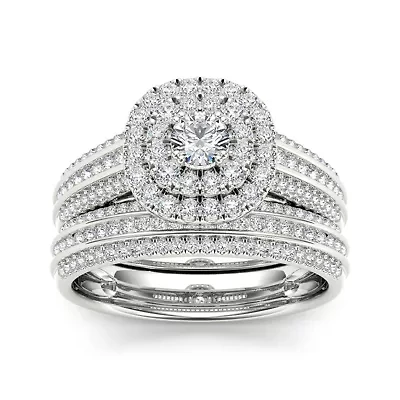 1 CT.T.W. Natural Diamond Halo 10K White Gold Bridal Ring Set