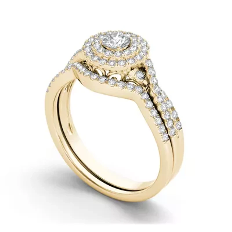 3/4 CT.T.W. Natural Diamond Halo 14K Yellow Gold Bridal Ring Set