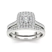 3/4 CT.T.W. Natural Diamond Halo 10K White Gold Bridal Ring Set