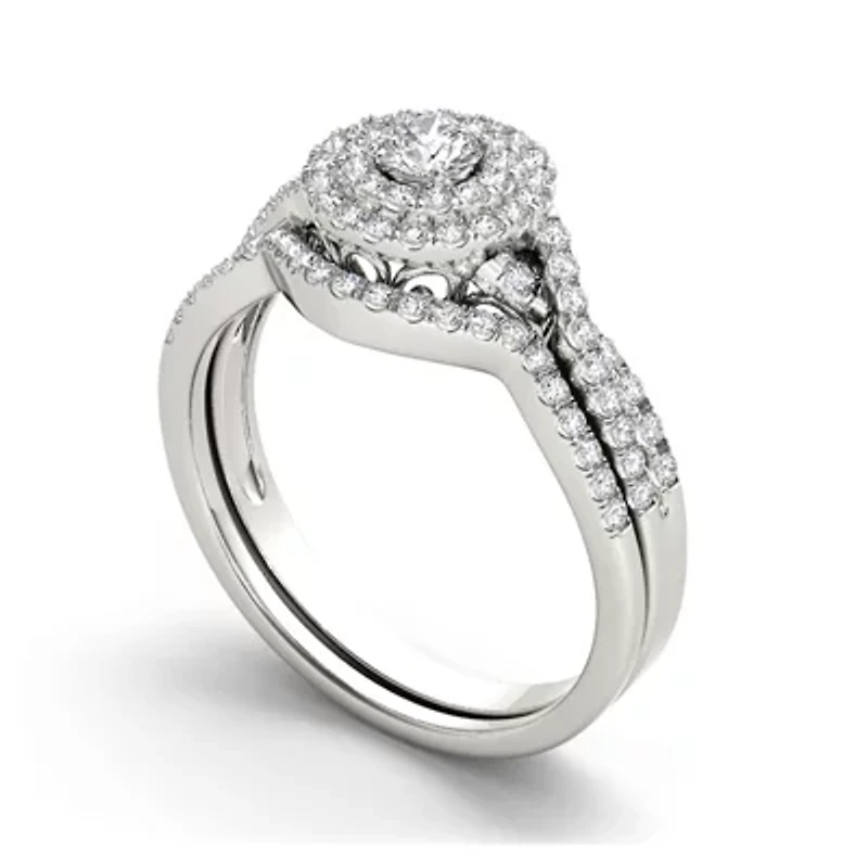 3/4 CT.T.W. Natural Diamond Halo 14K White Gold Bridal Ring Set