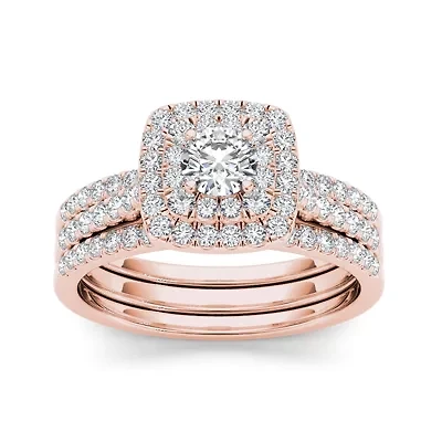 1 CT.T.W. Natural Diamond 10K Rose Gold Halo Bridal Ring Set