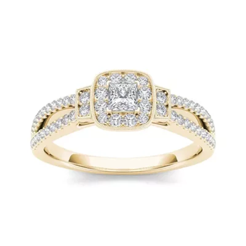 1/2 CT.T.W. Natural Diamond Halo 10K Yellow Gold Engagement Ring