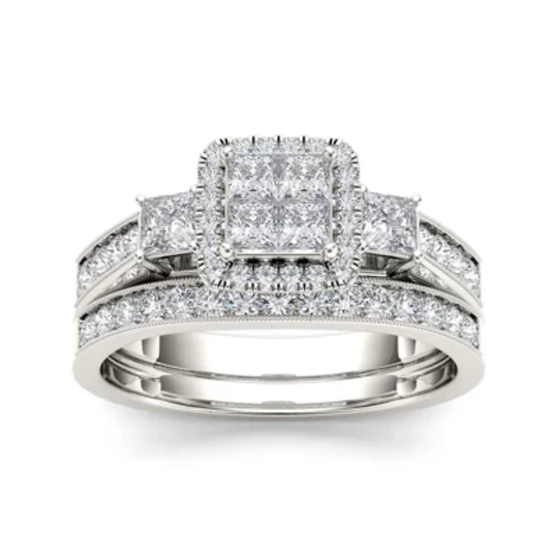 1 CT. T.W. Diamond Cluster 10K White Gold Bridal Ring Set