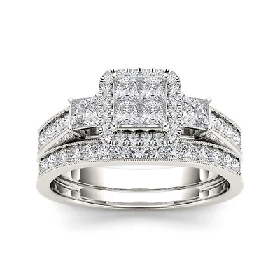 1 CT. T.W. Diamond Cluster 10K White Gold Bridal Ring Set