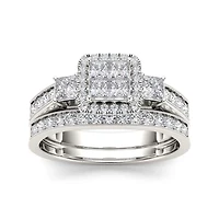 1 CT. T.W. Diamond Cluster 10K White Gold Bridal Ring Set