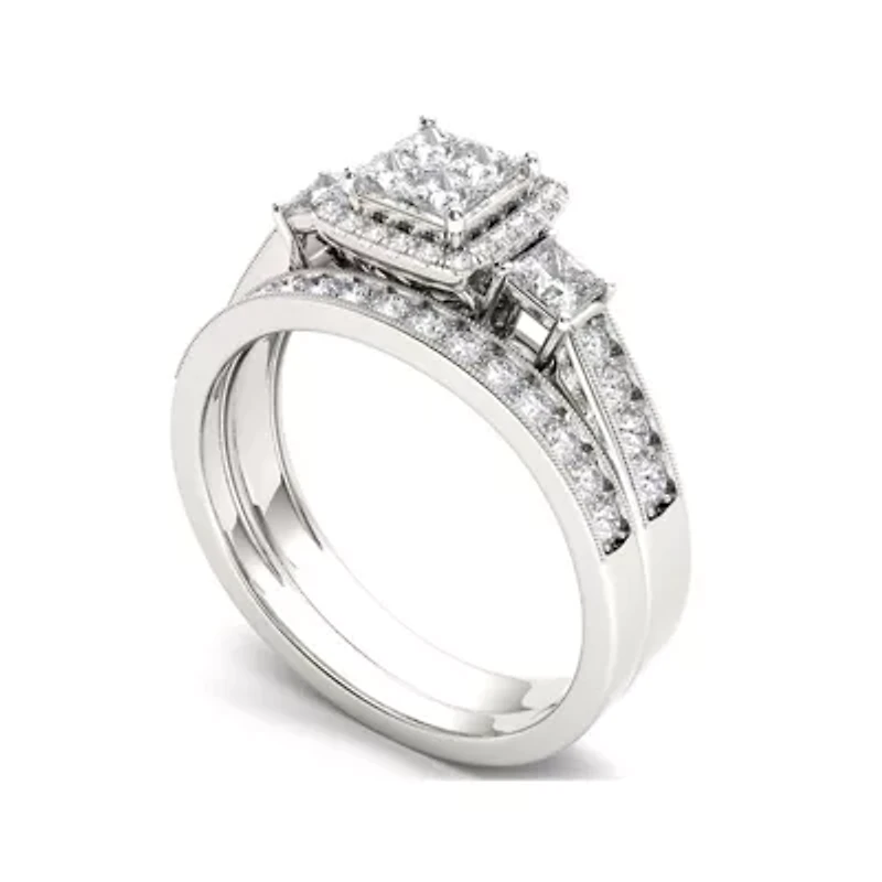 1 CT. T.W. Diamond Cluster 10K White Gold Bridal Ring Set