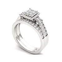 1 CT. T.W. Diamond Cluster 10K White Gold Bridal Ring Set
