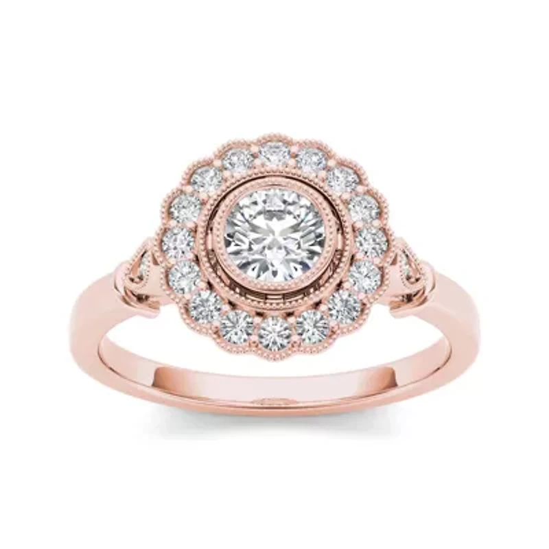 1/2 CT.T.W. Natural Diamond Flower Halo 10K Rose Gold Engagement Ring