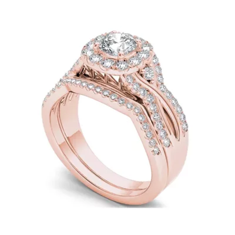 1 1/4 CT.T.W. Natural Diamond 14K Rose Gold Halo Bridal Ring Set