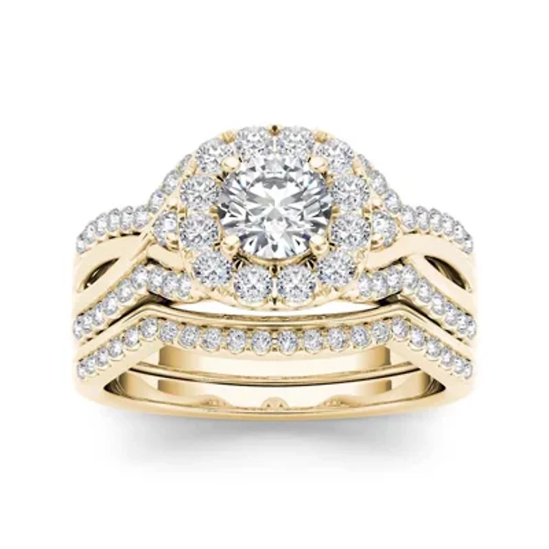 1 1/4 CT.T.W. Natural Diamond 14K Yellow Gold Halo Bridal Ring Set