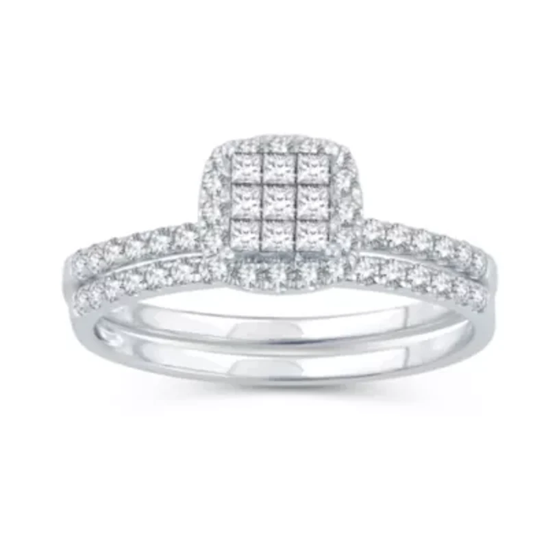 Womens 1/2 CT. T.W. Natural White Diamond 10K White Gold Cushion Bridal Set