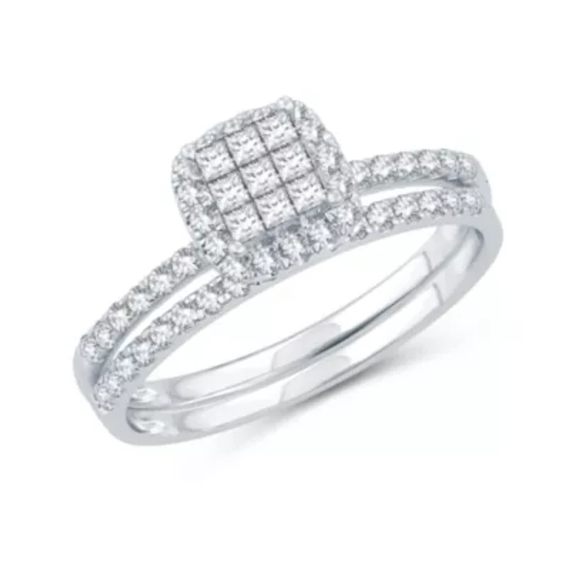 Womens 1/2 CT. T.W. Natural White Diamond 10K White Gold Cushion Bridal Set