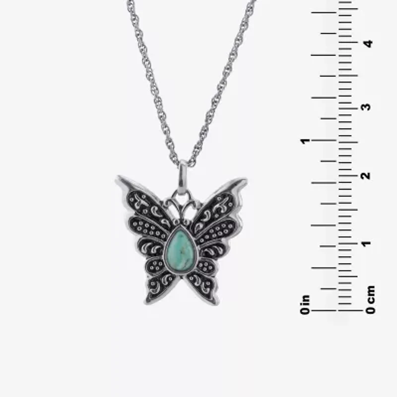 Butterfly Womens Enhanced Blue Turquoise Sterling Silver Butterfly 18 Inch Pendant Necklace