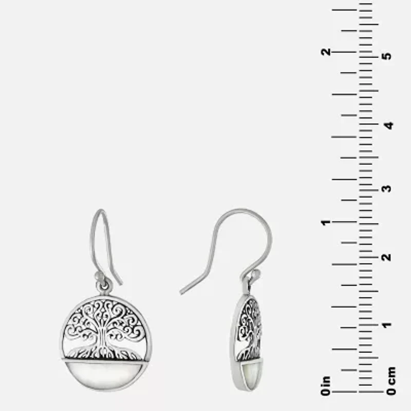 Tree Of Life Womens Genuine White Mother Of Pearl Sterling Silver Round Drop Earrings